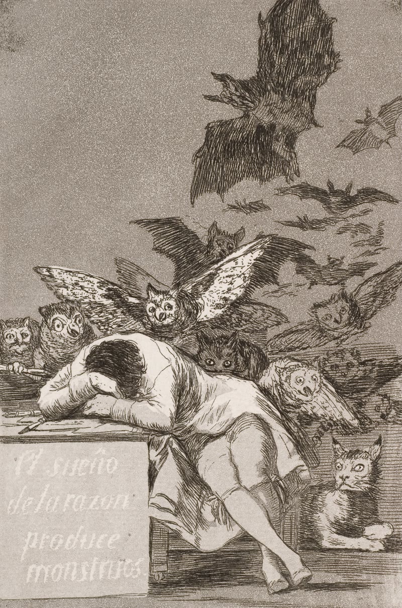 Goya, The Sleep of Reason Produces Monsters: a man asleep at his desk surrounded by owls and bats