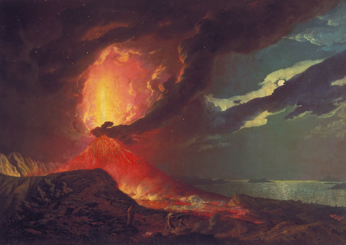Joseph Wright of Derby, Vesuvius in Eruption: a volcano erupting over the Bay of Naples at night