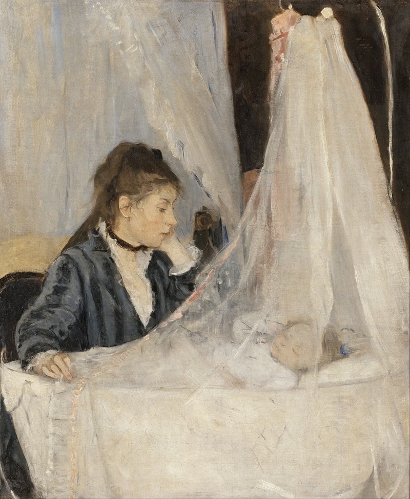 Berthe Morisot, The Cradle: a young mother gazing at her sleeping baby behind a sheer curtain