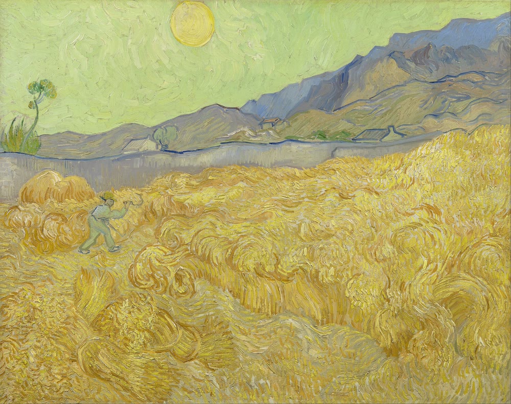 Van Gogh, Wheatfield with a Reaper: a lone figure cutting golden wheat under a yellow sky